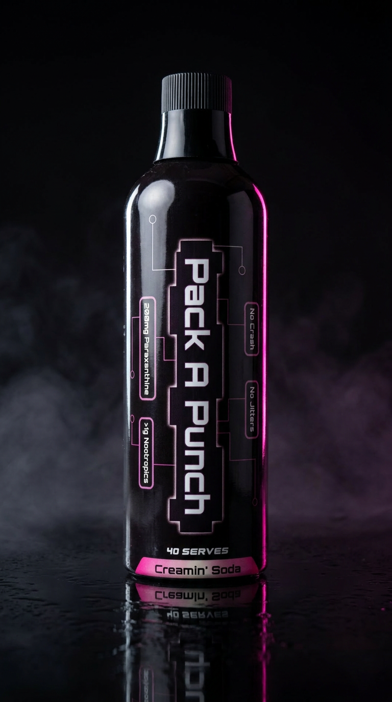 Creamin' Soda Pack A Punch bottle with vanilla and ice — caffeine-free paraxanthine energy drink concentrate