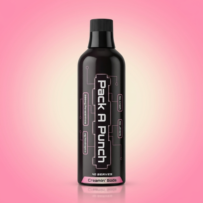 Pack A Punch Creamin' Soda 500ml paraxanthine nootropic liquid concentrate bottle on pink studio backdrop