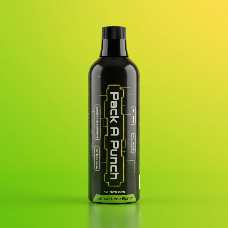 Pack A Punch Lemon Lime Spritz 500ml paraxanthine nootropic liquid concentrate bottle on lime green studio backdrop