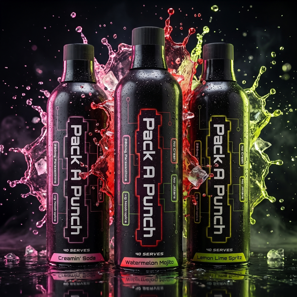 Pack A Punch Starter Pack — all three paraxanthine nootropic flavours, Creamin' Soda, Watermelon Mojito and Lemon Lime Spritz, in a triple colour splash